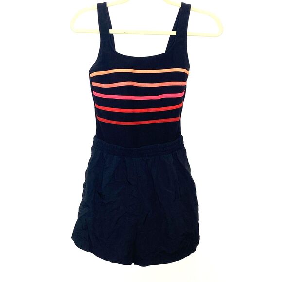VTG LL Bean Black Stripe One Piece Swimsuit Modest Sporty Attached Shorts USA 8 - Picture 1 of 9